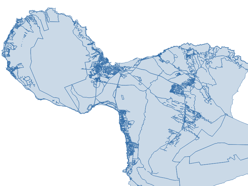 Map of west and central Maui rendered from the demo server's zoning dataset: parcel and district boundaries drawn as blue outlines over a light-blue island fill.